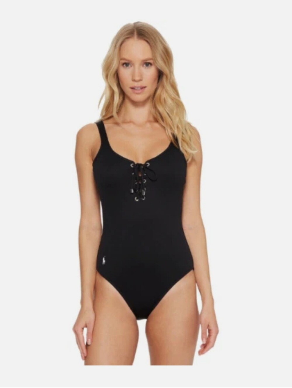 Polo Ralph Lauren Black Lace-Up Front Grommet One-Piece Swimsuit Size Med